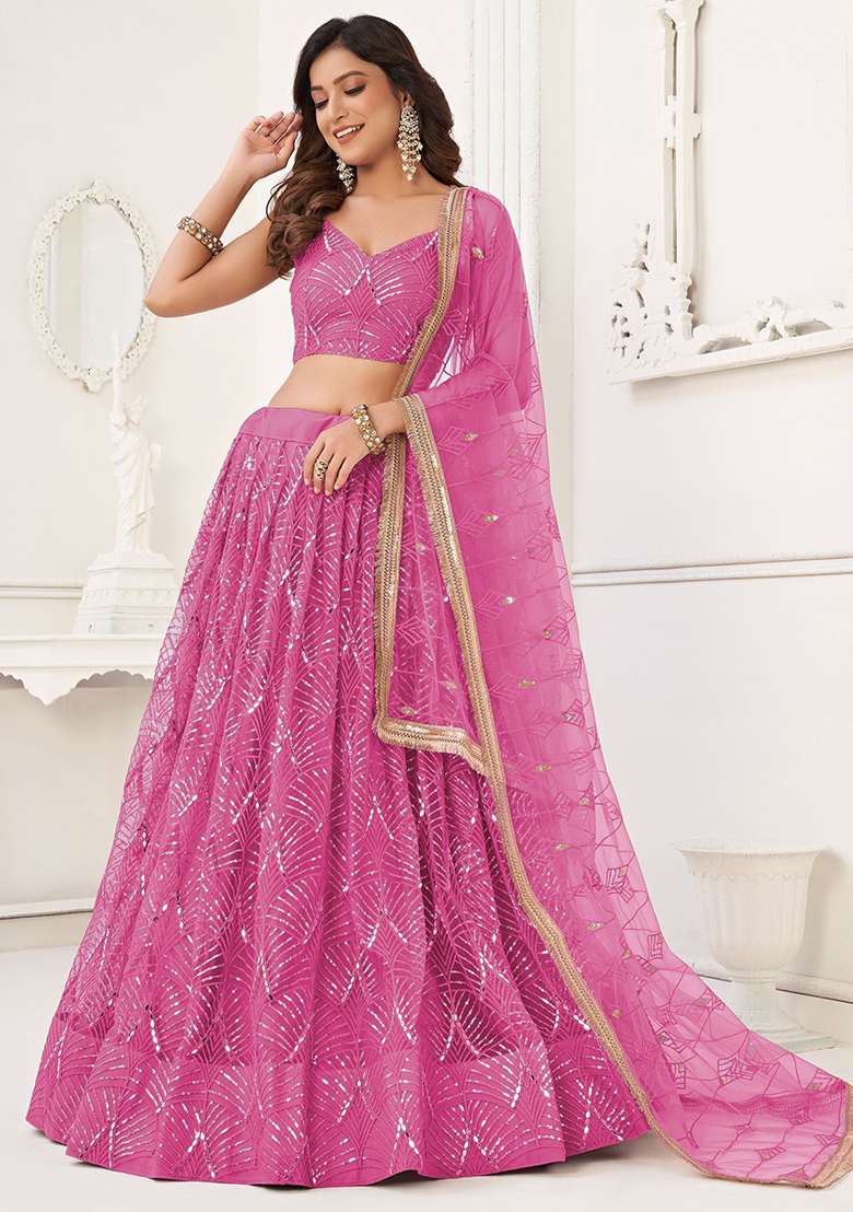 Pink Sequin Embroidered Net Lehenga Set - Indya