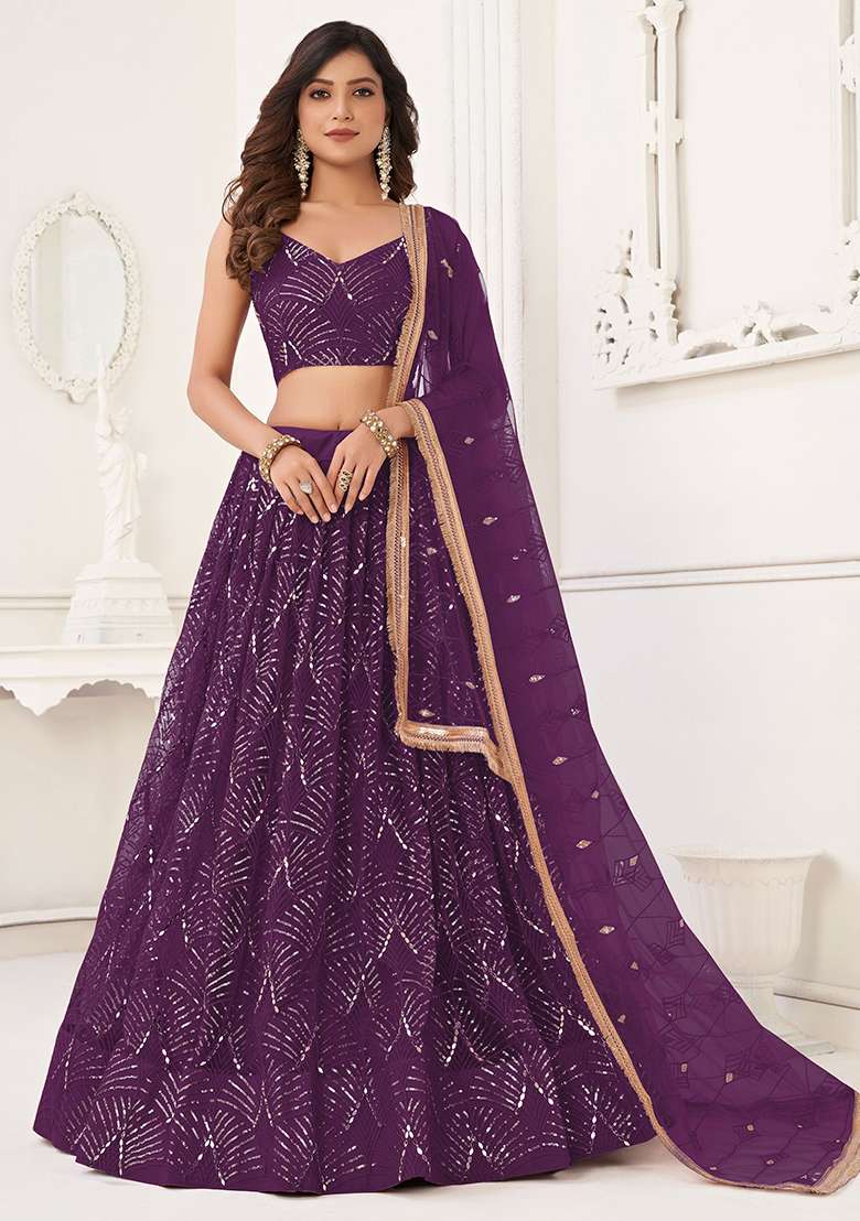 Purple Sequin Embroidered Net Lehenga Set for Diwali and Festive Wear - Indya