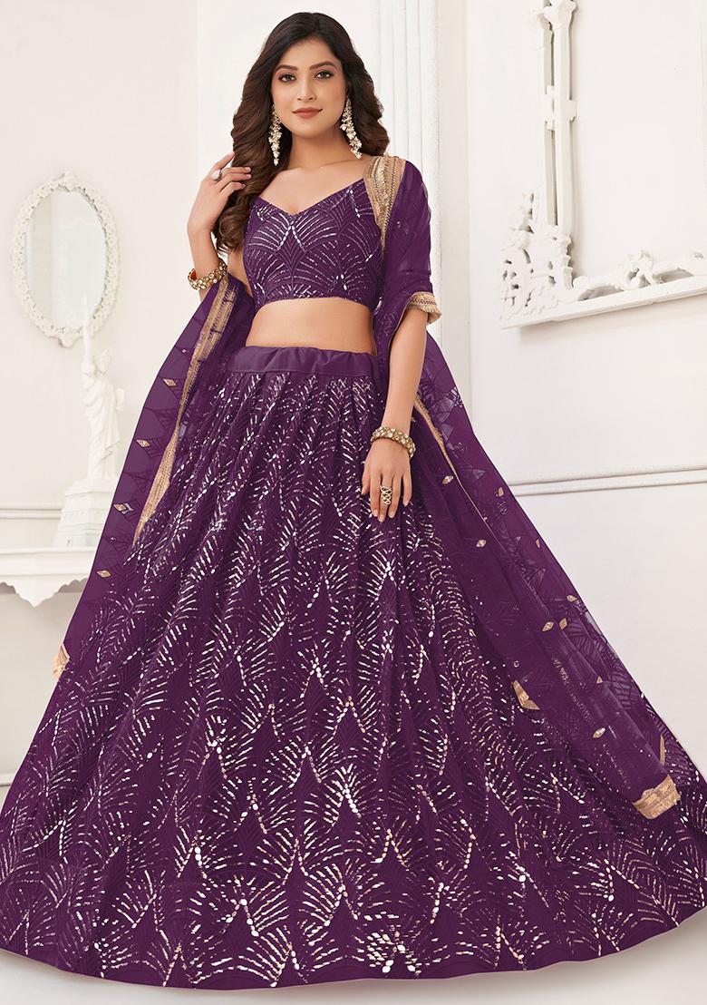 Purple Sequin Embroidered Net Lehenga Set
