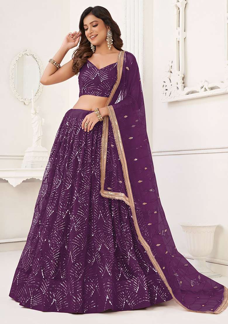 Purple Sequin Embroidered Net Lehenga Set for Diwali and Festive Wear - Indya
