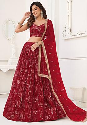Red Sequin Embroidered Net Lehenga Set