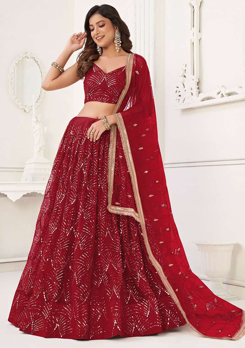 Red Sequin Embroidered Net Lehenga Set for Diwali and Festive Wear - Indya