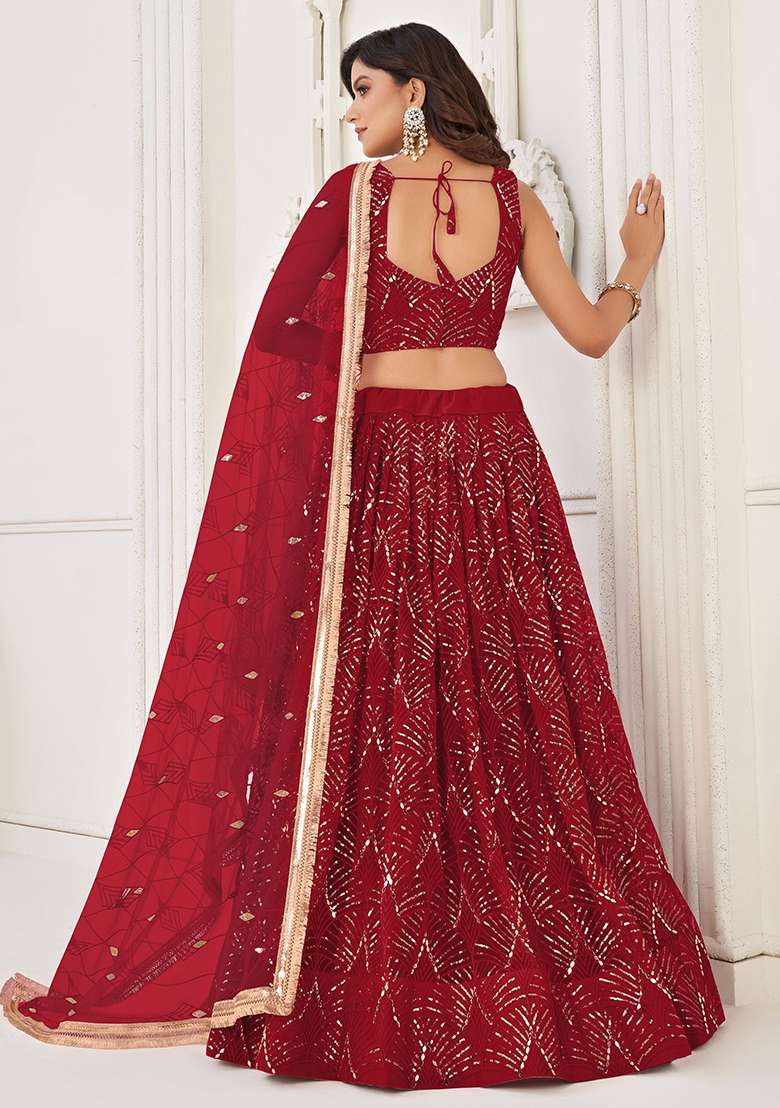 Red Sequin Embroidered Net Lehenga Set for Diwali and Festive Wear - Indya