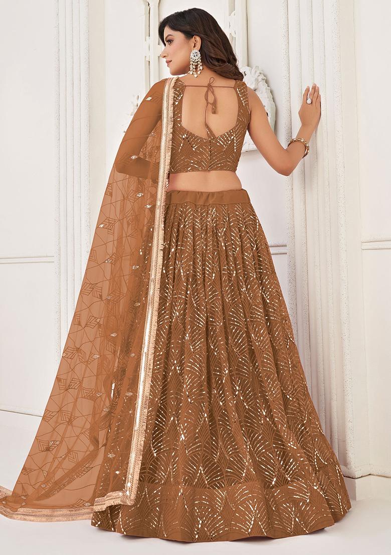 Brown Sequin Embroidered Net Lehenga Set