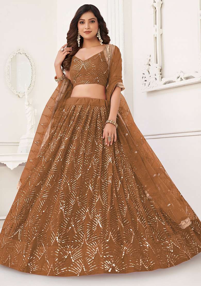 Brown Sequin Embroidered Net Lehenga Set for Diwali and Festive Wear - Indya