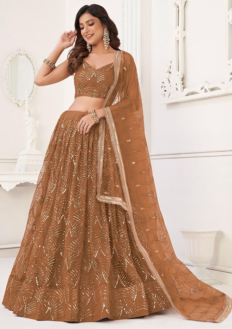 Brown Sequin Embroidered Net Lehenga Set