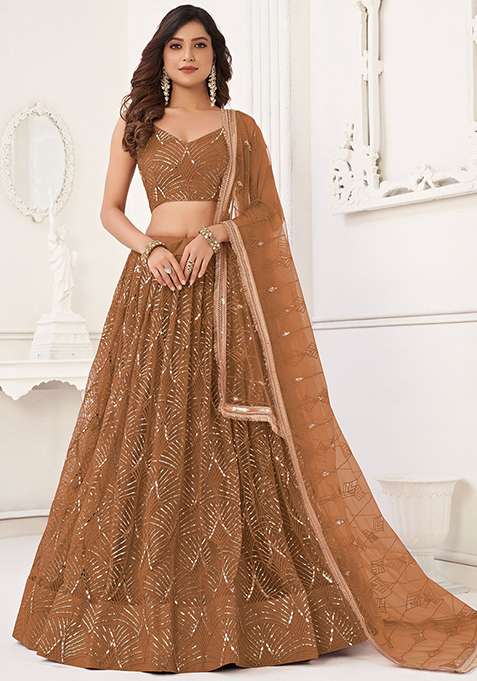 Brown Sequin Embroidered Net Lehenga Set for Diwali and Festive Wear