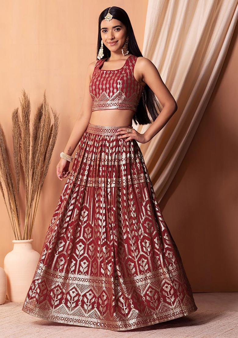 Maroon Sequin Embroidered Georgette Lehenga Set
