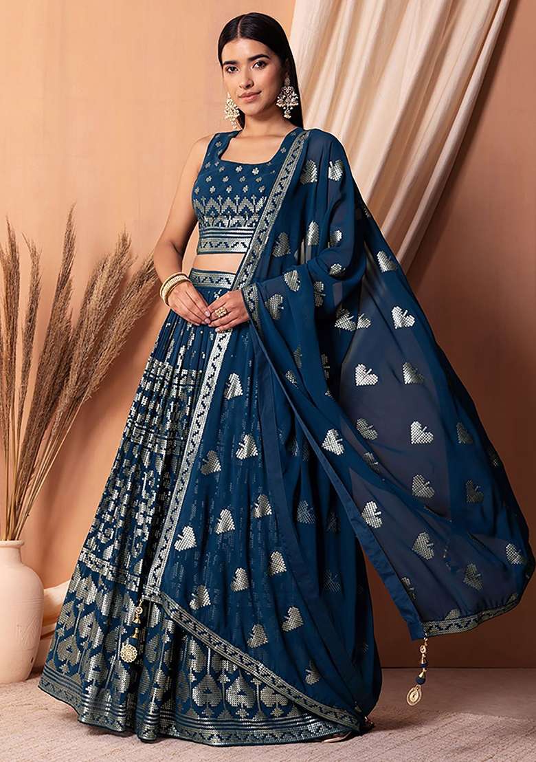 Blue Georgette Lehenga Set with Embroidered & Sequin for Diwali | Wedding & Festive Wear - Indya