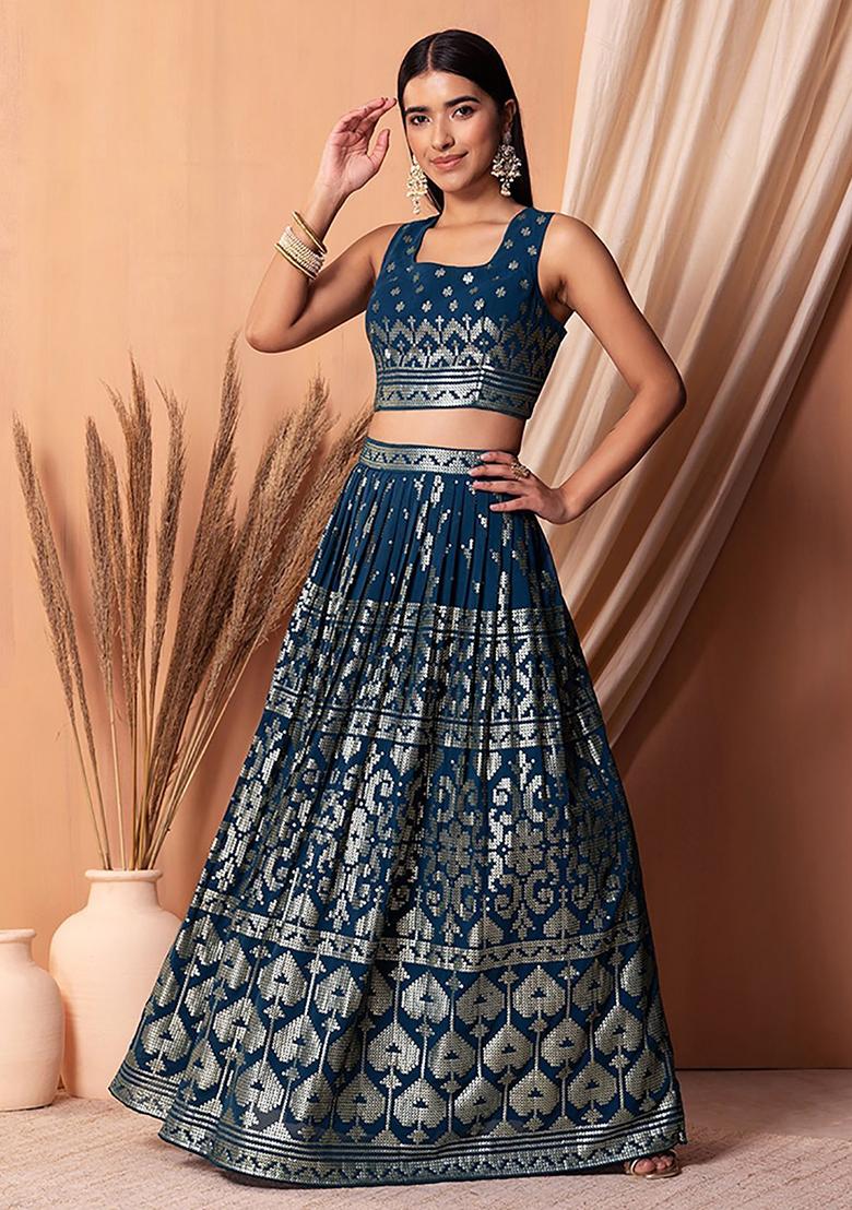 Blue Sequin Embroidered Georgette Lehenga Set