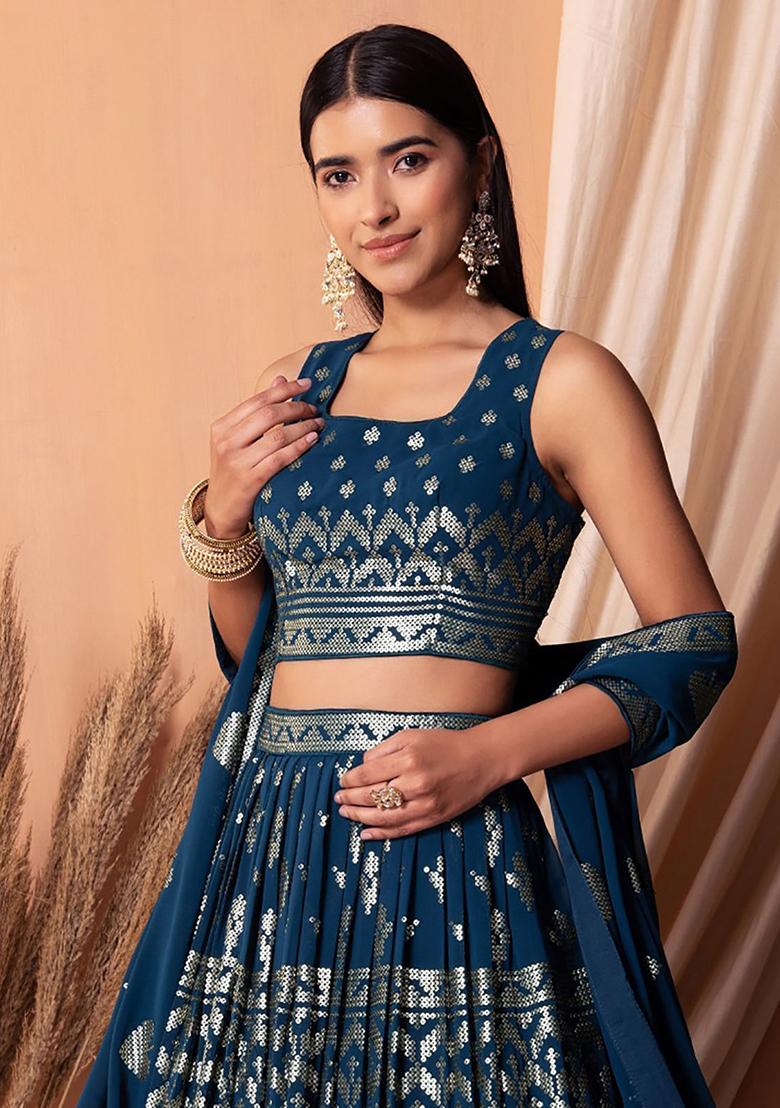 Blue Sequin Embroidered Georgette Lehenga Set