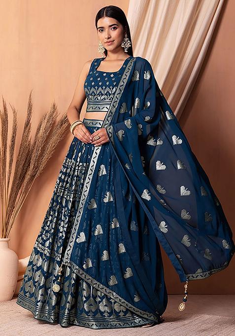 Blue Sequin Embroidered Georgette Lehenga Set