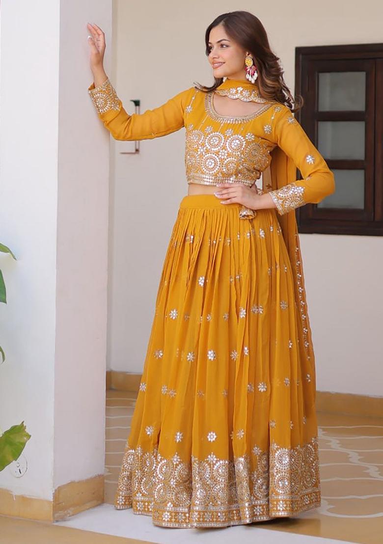 Yellow Sequin Embroidered Georgette Lehenga Set