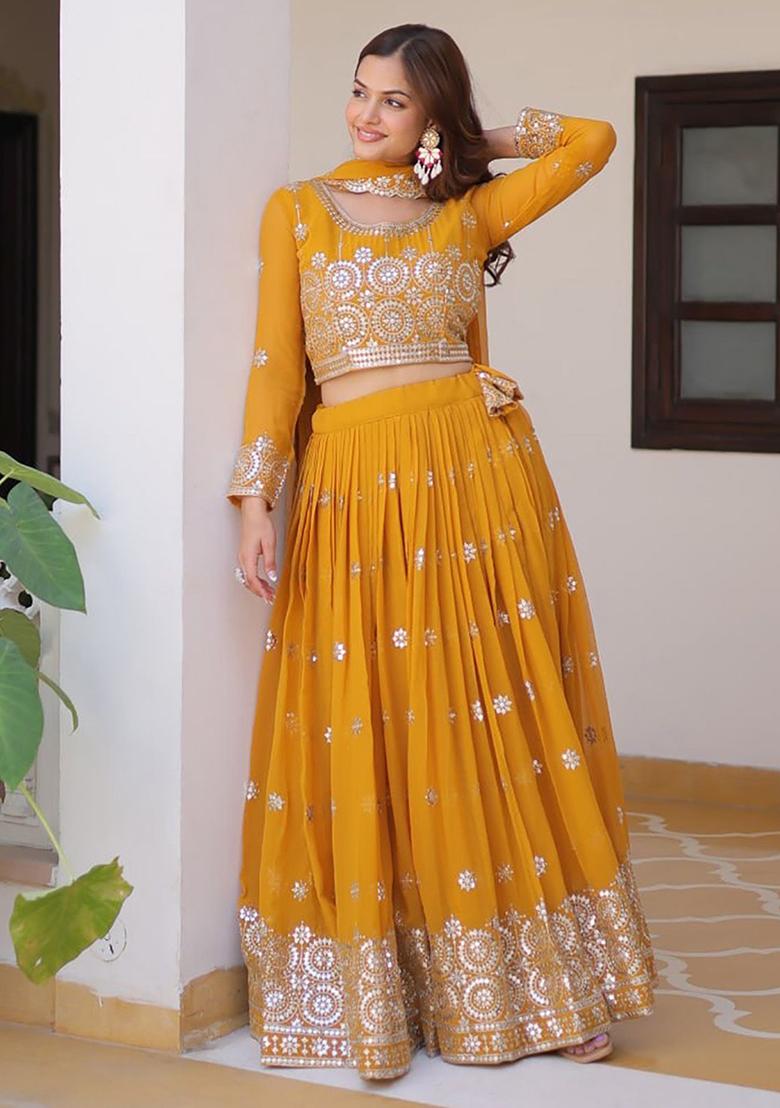 Yellow Sequin Embroidered Georgette Lehenga Set