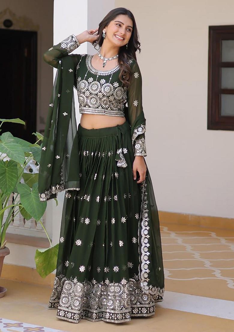 Green Sequin Embroidered Georgette Lehenga Set