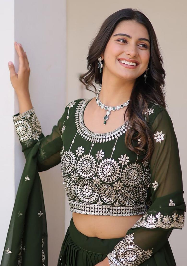 Green Sequin Embroidered Georgette Lehenga Set