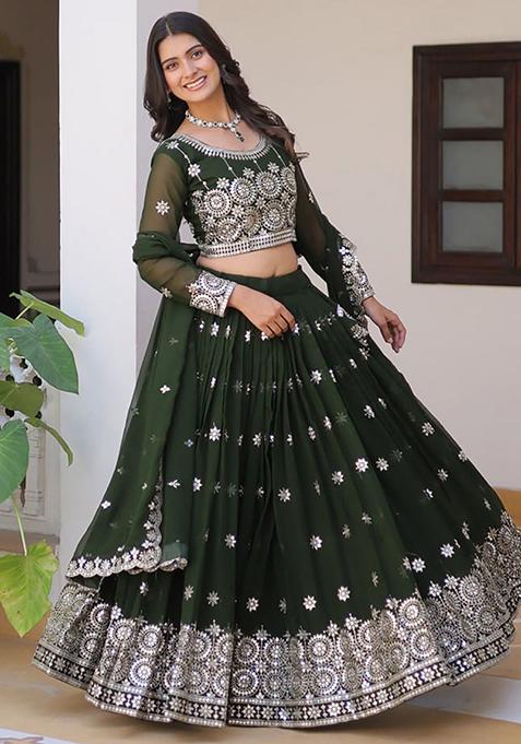 Green Sequin Embroidered Georgette Lehenga Set — view on Indya