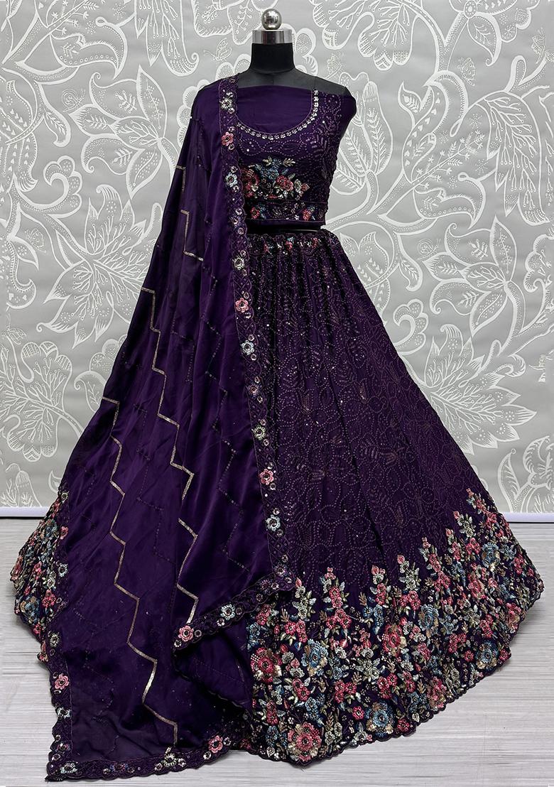 Purple Sequin Embroidered Chinon Lehenga Set