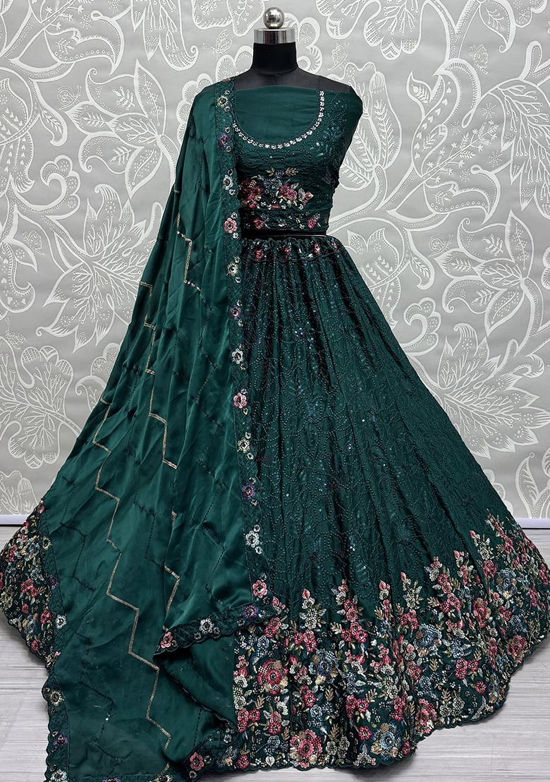Green Floral Print Chinon Lehenga Set