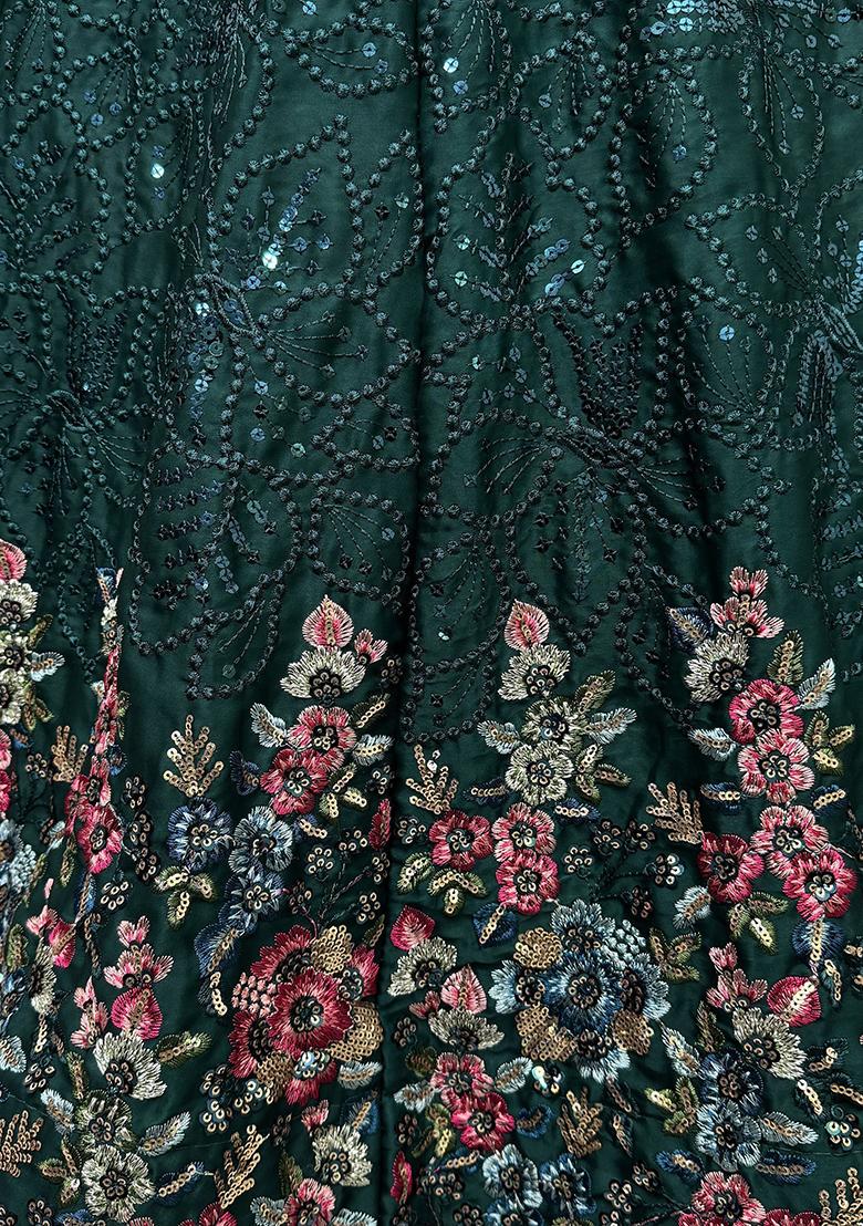 Green Floral Print Chinon Lehenga Set