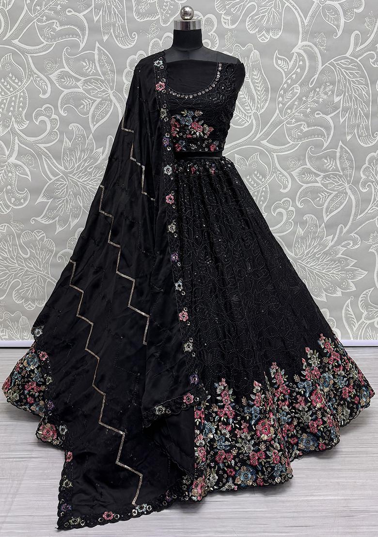 Black Sequin Embroidered Chinon Lehenga Set