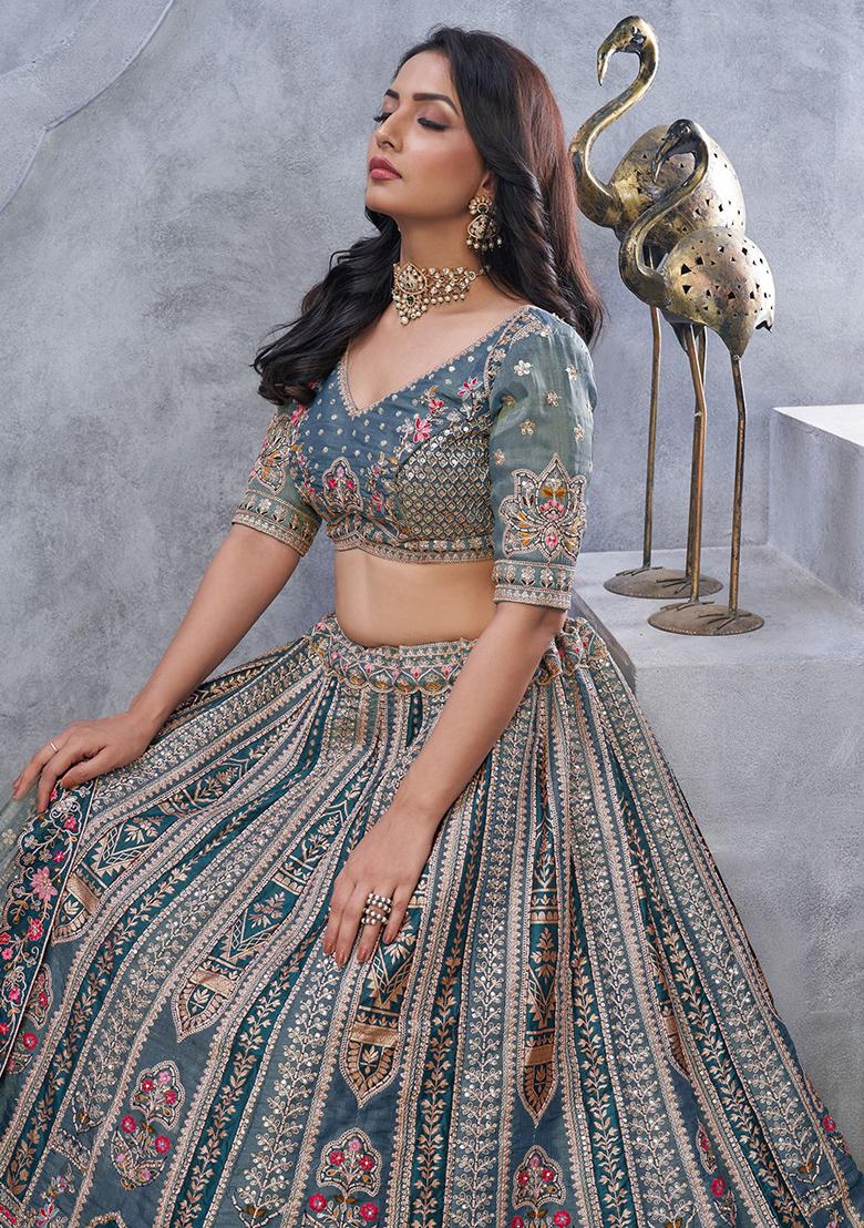 Grey Sequin Embroidered Organza Lehenga Set