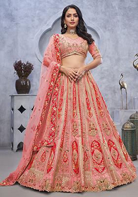 Peach Embroidered Organza Lehenga Set