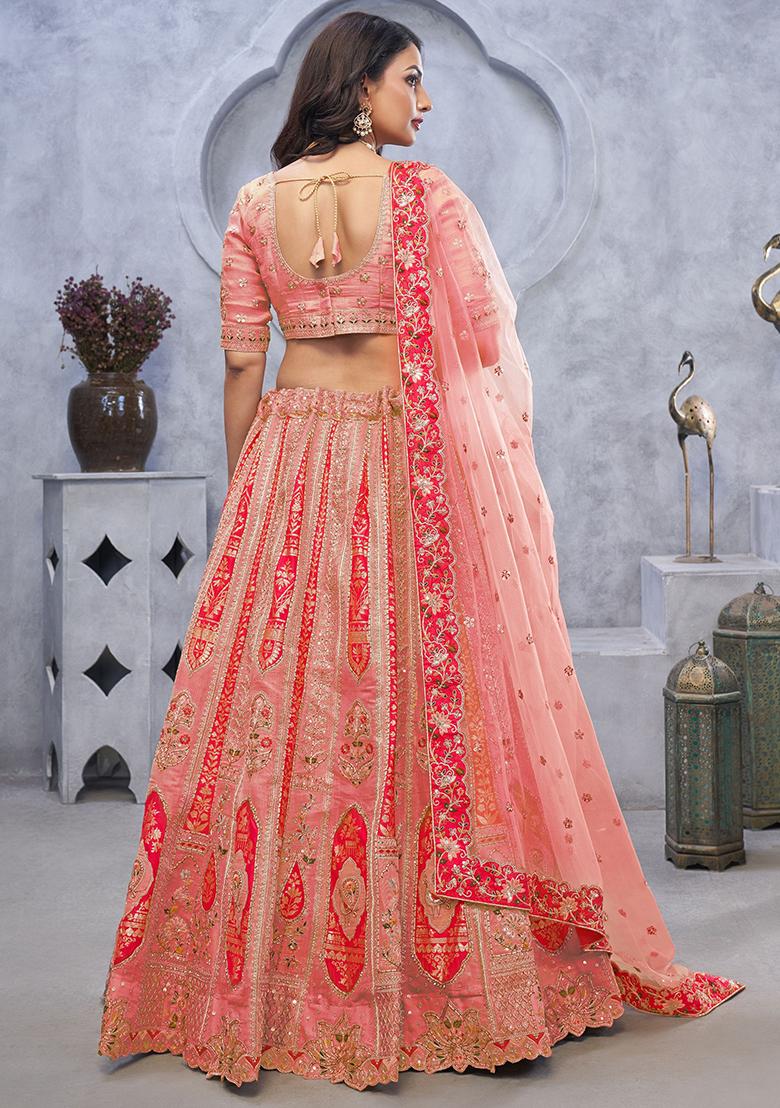 Peach Embroidered Organza Lehenga Set