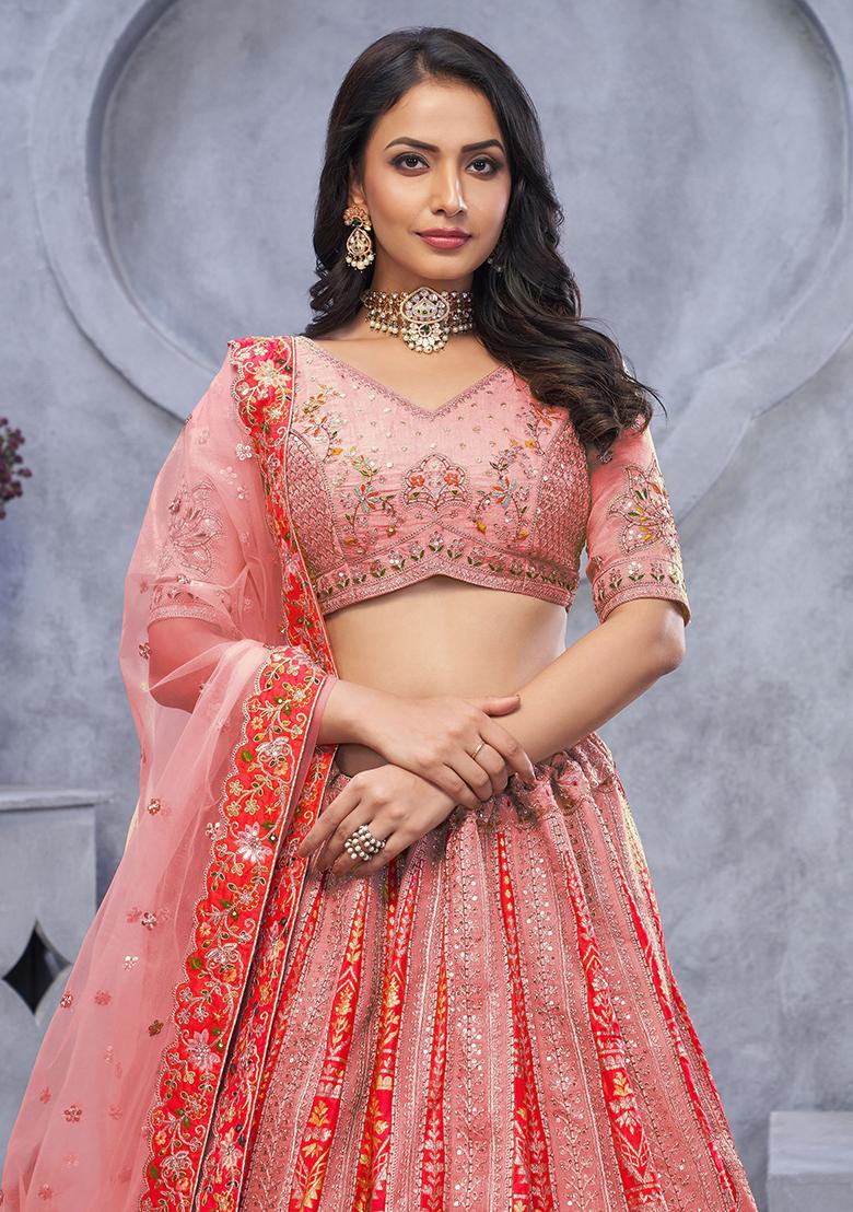 Peach Embroidered Organza Lehenga Set