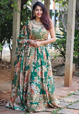 Green Floral Print Organza Lehenga Set