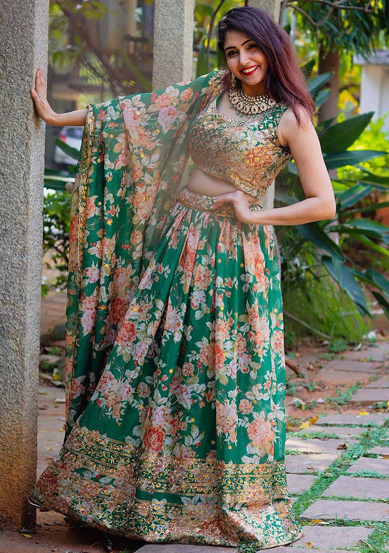 Green Floral Print Organza Lehenga Set