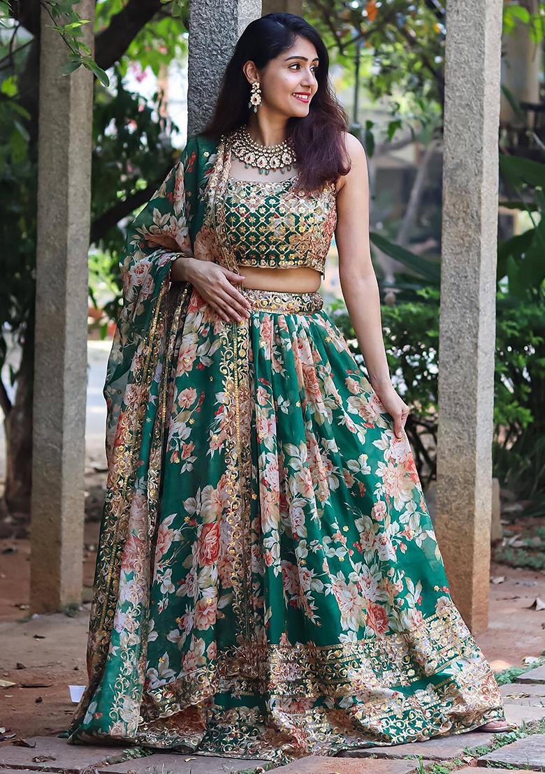 Green Floral Print Organza Lehenga Set