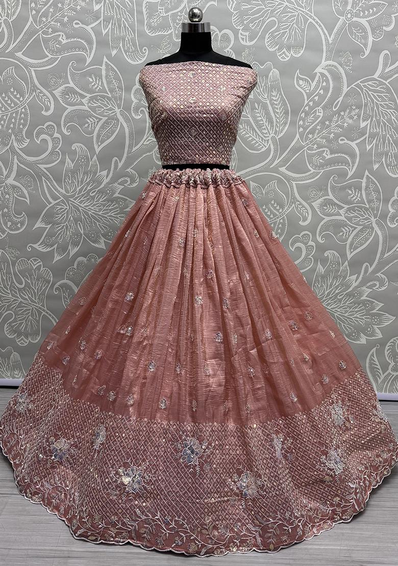 Peach Embroidered Organza Lehenga Set