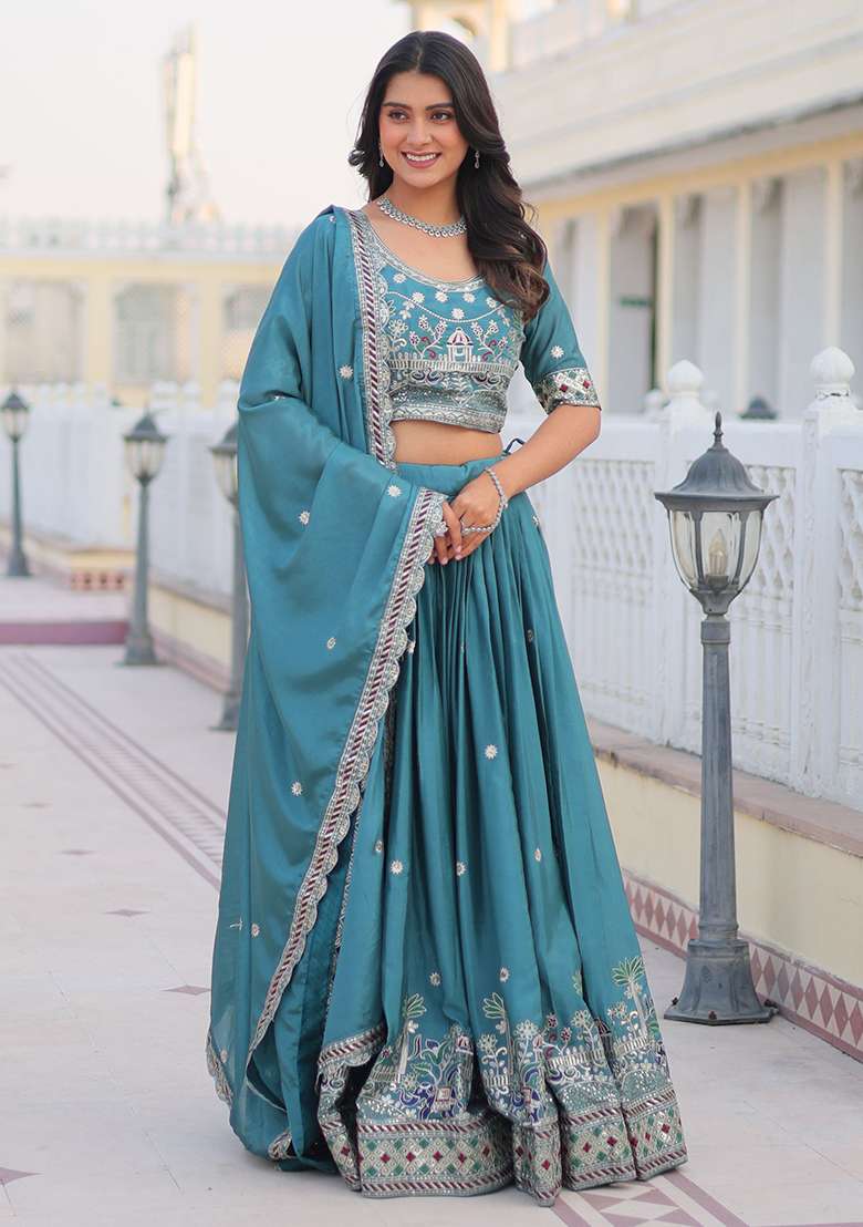Blue Embroidered Chinon Lehenga Set - Indya