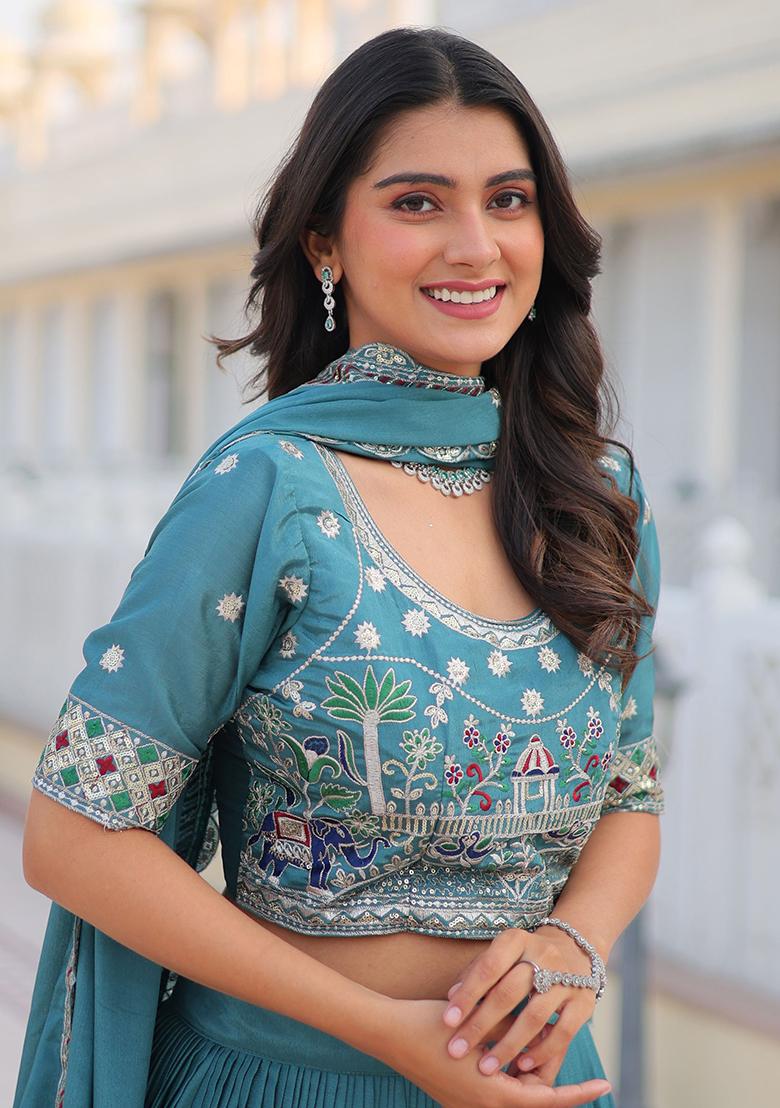 Blue Embroidered Chinon Lehenga Set