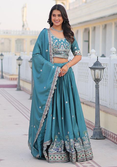 Blue Embroidered Chinon Lehenga Set