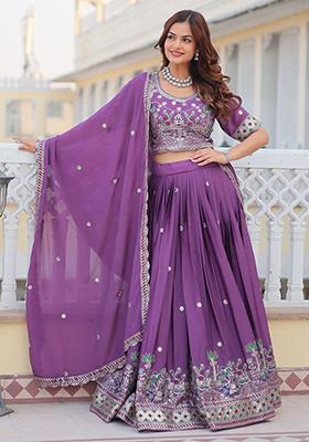 Purple Embroidered Chinon Lehenga Set