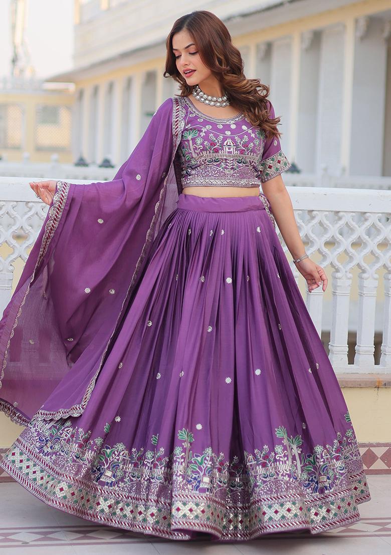 Purple Embroidered Chinon Lehenga Set