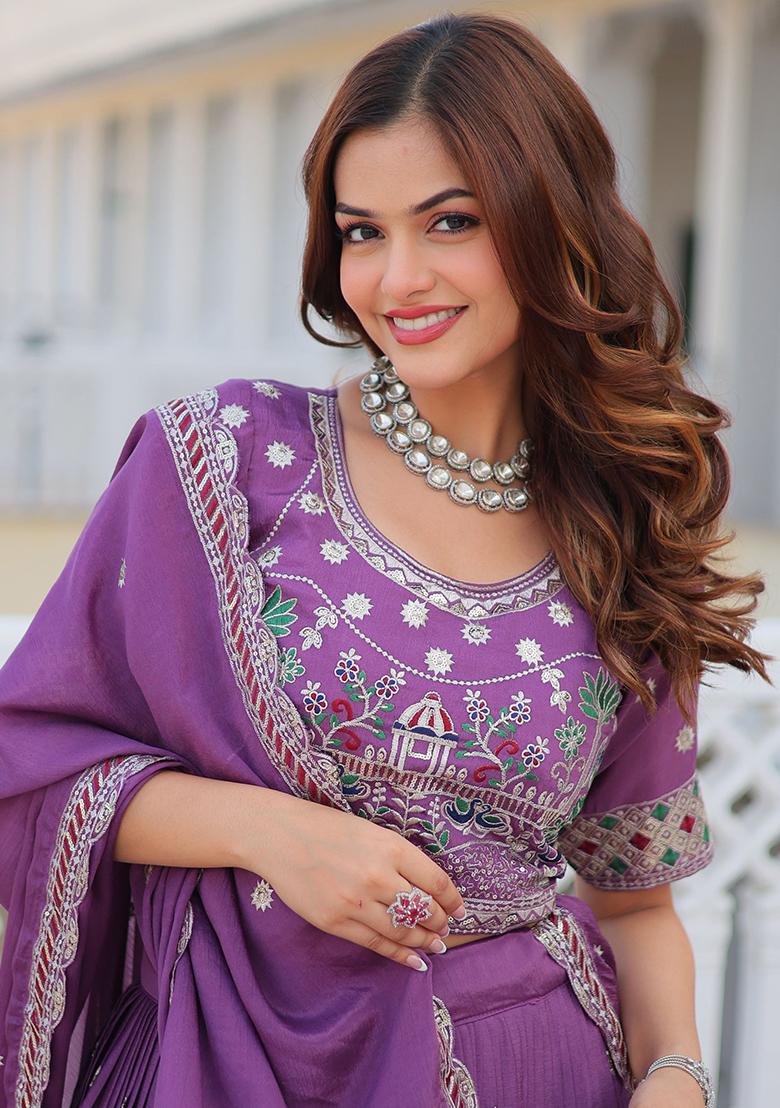 Purple Embroidered Chinon Lehenga Set