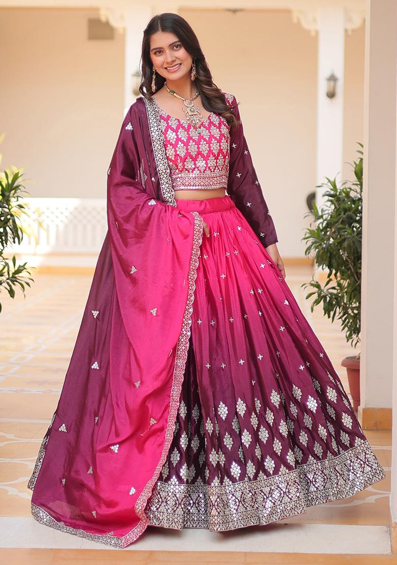 Pink Embroidered Chinon Lehenga Set