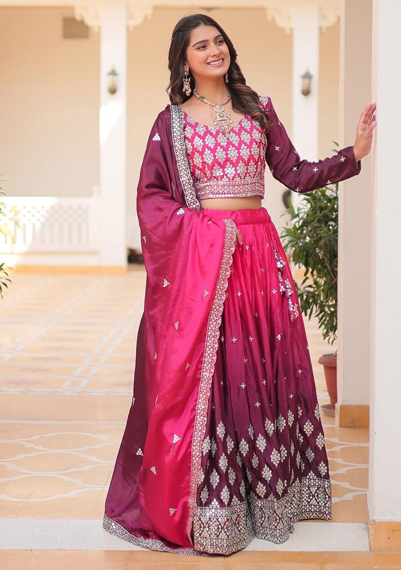 Pink Embroidered Chinon Lehenga Set