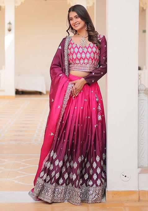 Pink Embroidered Chinon Lehenga Set — view on Indya