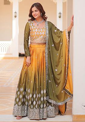 Yellow Embroidered Chinon Lehenga Set