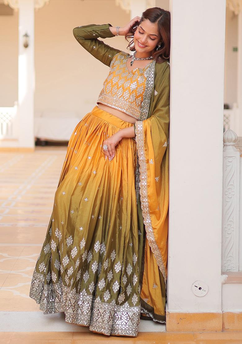 Yellow Embroidered Chinon Lehenga Set
