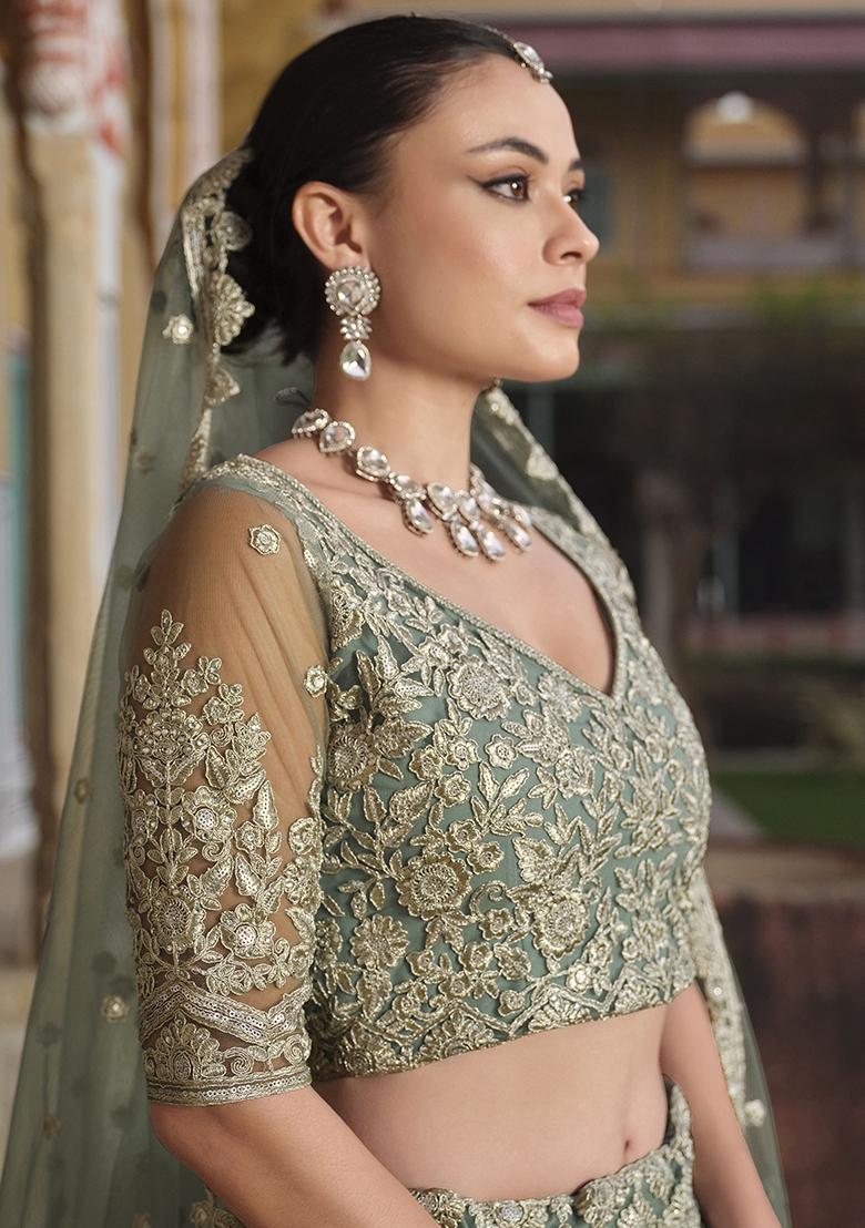 Green Embroidered Net Lehenga Set