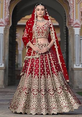 Red Embroidered Net Lehenga Set