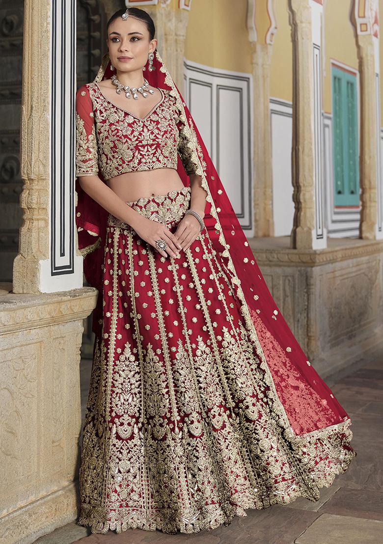 Red Embroidered Net Lehenga Set