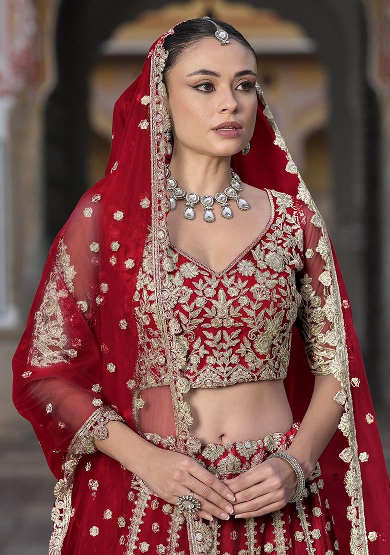 Red Embroidered Net Lehenga Set
