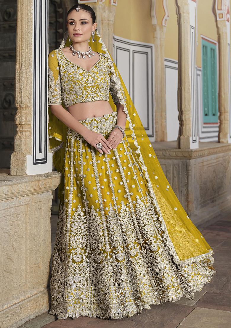 Yellow Embroidered Net Lehenga Set