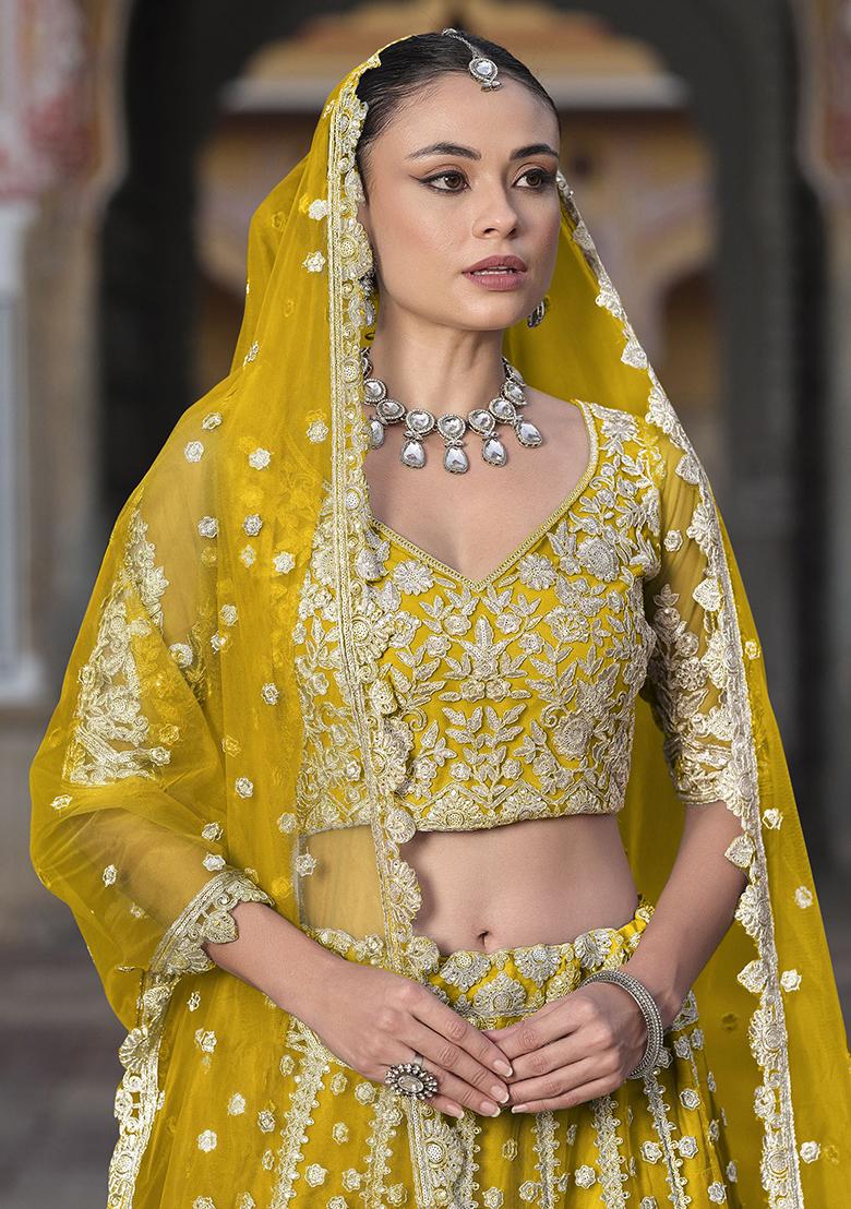 Yellow Embroidered Net Lehenga Set